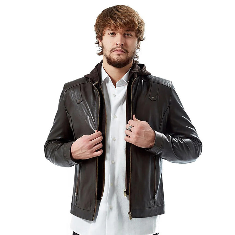 Men’s Real Brown Leather Hooded Jacket