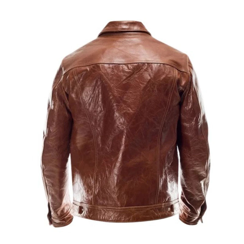 Men Brown Leather Trucker Jacket