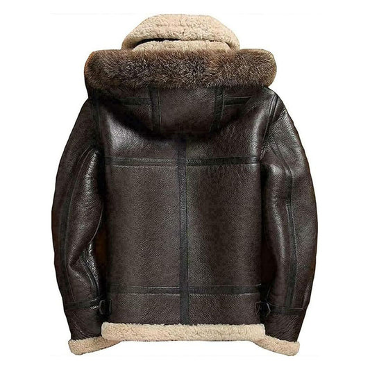 Mens Brown Hooded Sheepskin Shearling Leather Jacket