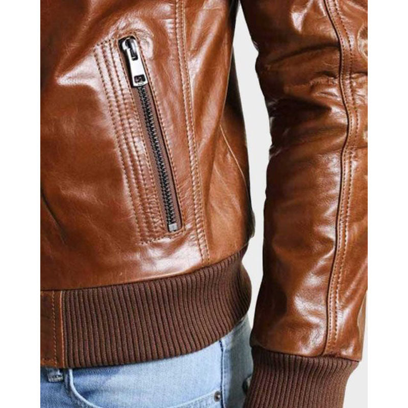Mens Bomber Shining Brown Leather Jacket