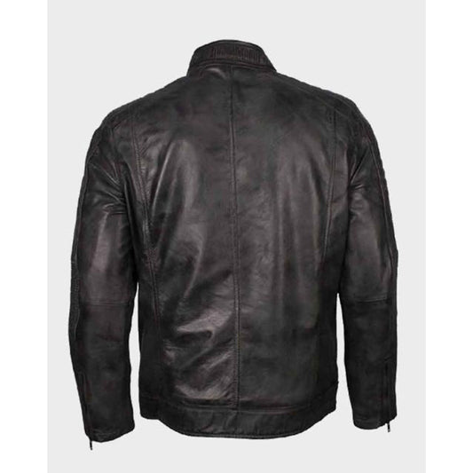 Mens Cafe Racer Grey Waxed Biker Leather Jacket
