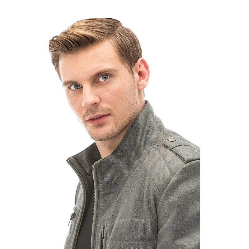 Men’s Real Grey Leather Ornamental Stitch Jacket