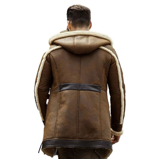Mens Hooded Sheepskin Shearling Leather Jacket