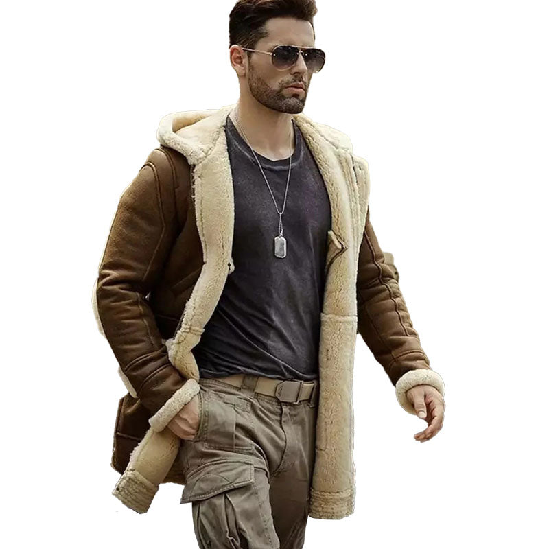 Mens Hooded Sheepskin Shearling Leather Jacket