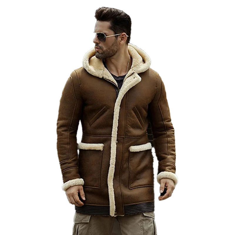 Mens Hooded Sheepskin Shearling Leather Jacket