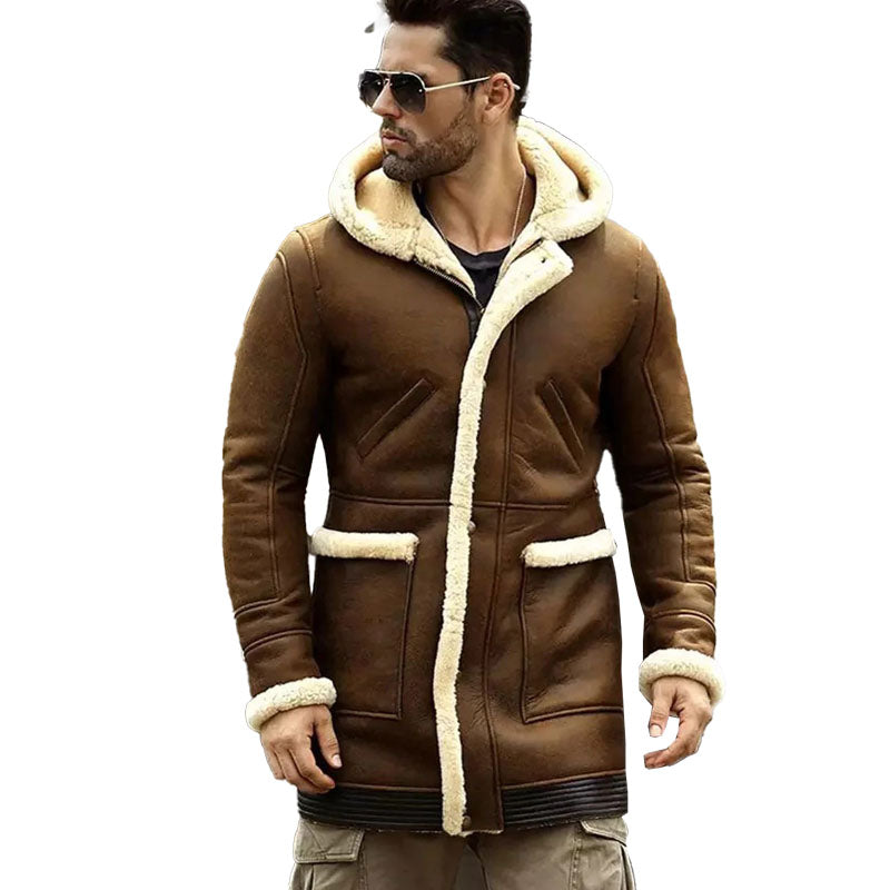Mens Hooded Sheepskin Shearling Leather Jacket