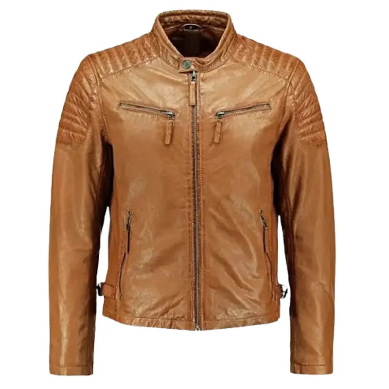 Men’s Paded Tan Leather Biker Jacket