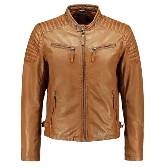 Men’s Paded Tan Leather Biker Jacket