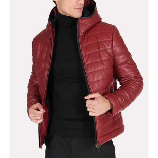 Mens Red Puffer Hooded Leather Jacket
