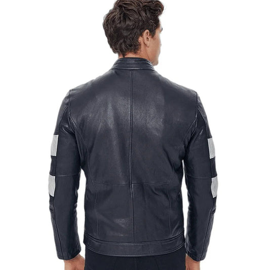 Men’s Real Black Leather Belted Collar Jacket