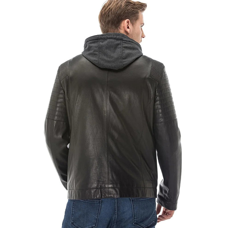 Men’s Real Black Leather Hooded Vegetal Jacket