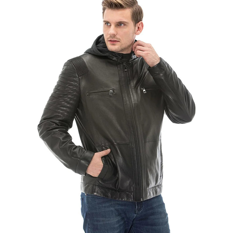Men’s Real Black Leather Hooded Vegetal Jacket