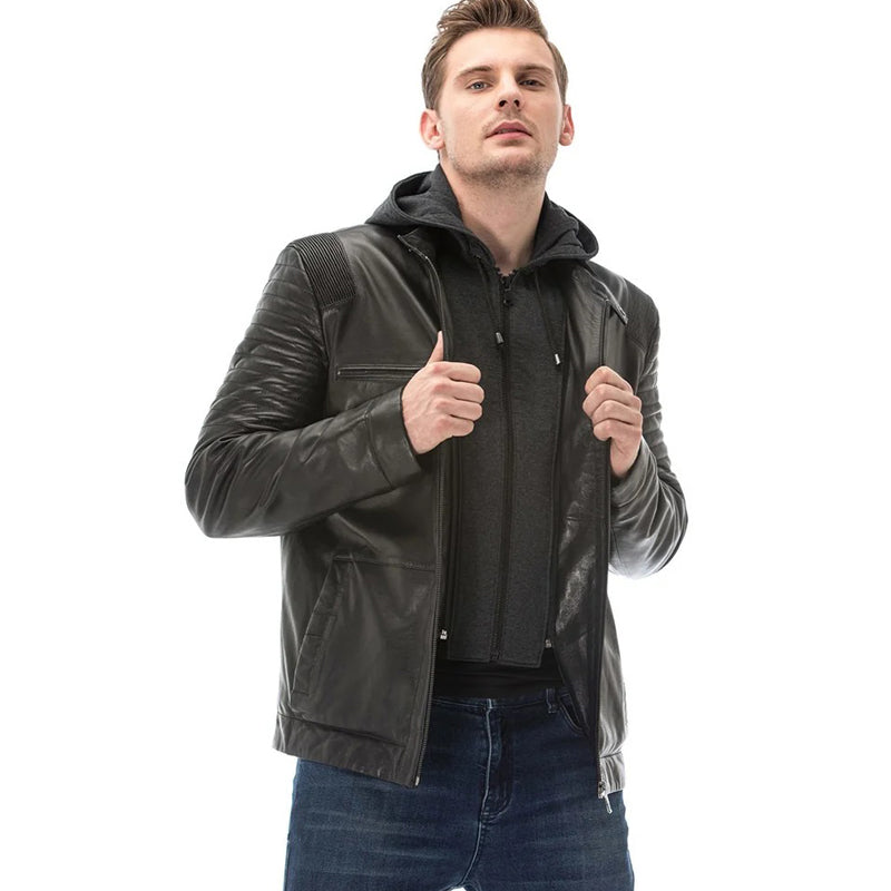Men’s Real Black Leather Hooded Vegetal Jacket