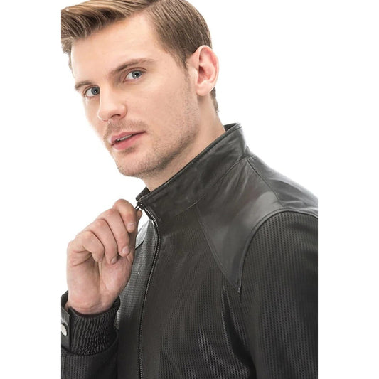 Men’s Real Black Leather Square Printed Vegetal Jacket