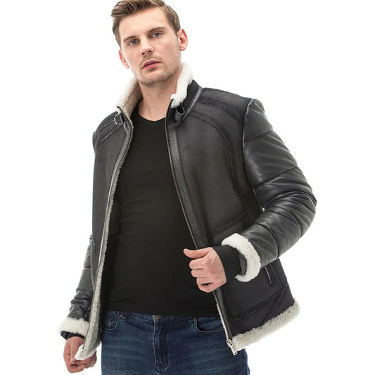 Men’s Real Grey Leather White Fur Jacket