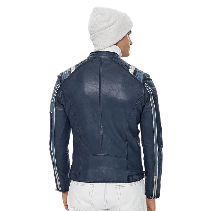 Men’s Real Navy Blue Leather Cafe Racer Jacket