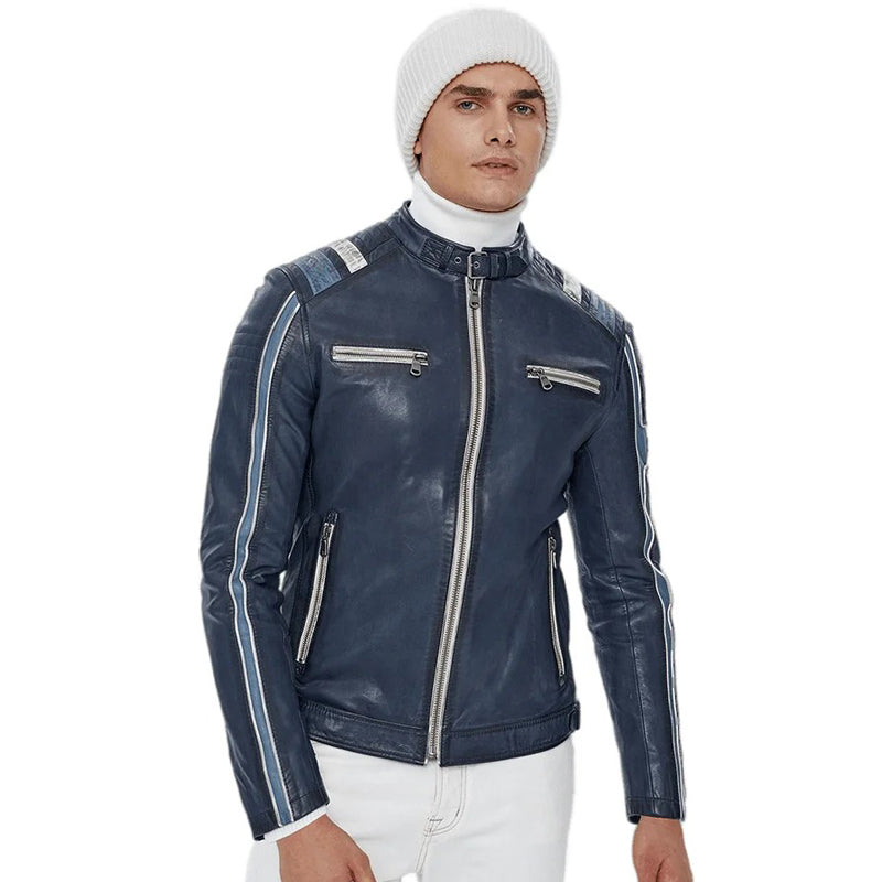 Men’s Real Navy Blue Leather Cafe Racer Jacket