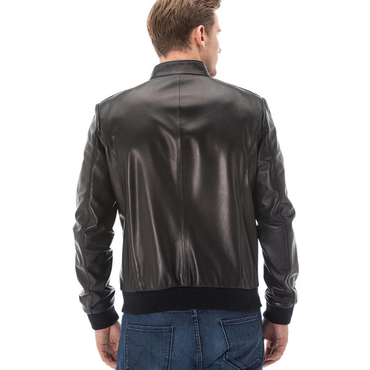 Men’s Real Navy-Blue Leather Printed Jacket