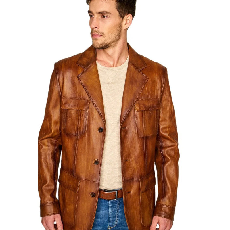 Men’s Real Tan Brown Leather Trench Coat