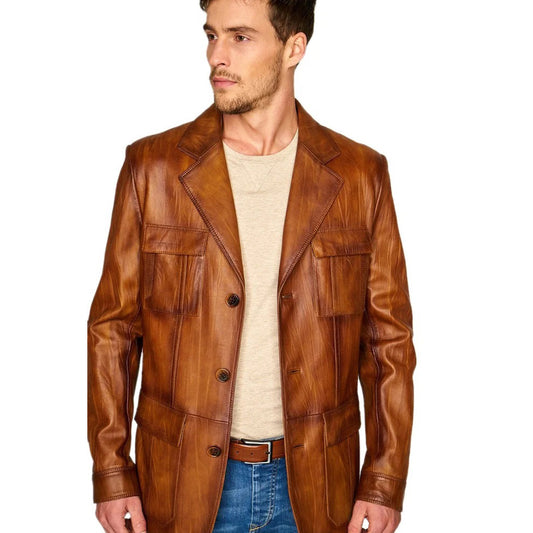 Men’s Real Tan Brown Leather Trench Coat