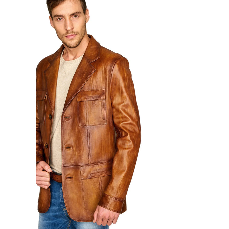 Men’s Real Tan Brown Leather Trench Coat