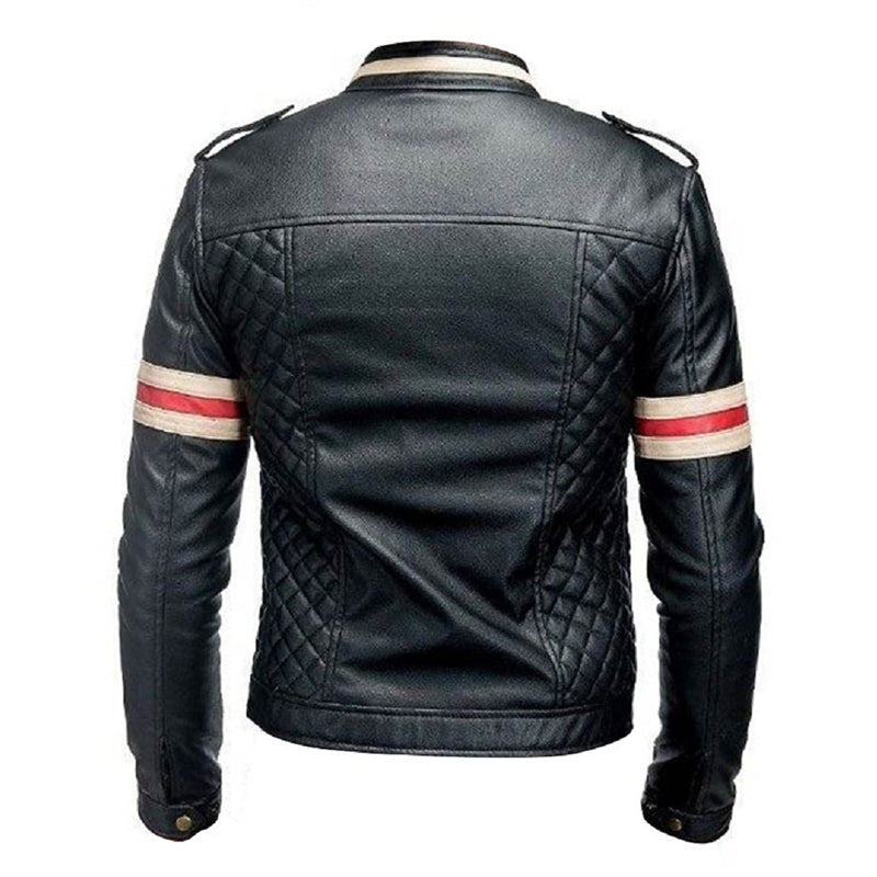 Red And White Striped Mens Black Biker Jacket