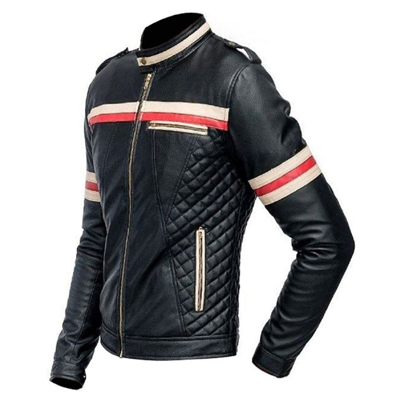 Red And White Striped Mens Black Biker Jacket
