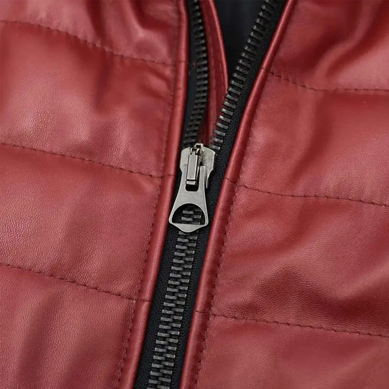 Mens Red Puffer Hooded Leather Jacket