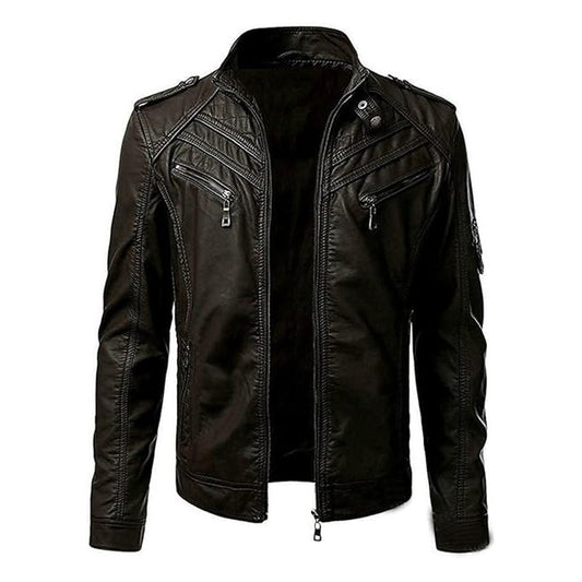 Men’s Stand Collar Casual Leather Jacket