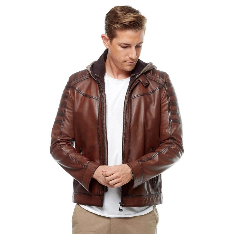 Men’s Real Brown Leather Hooded Jacket