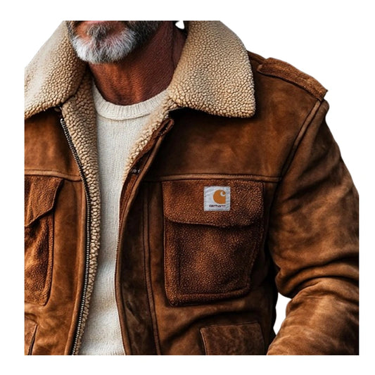 Men’s Vintage Suede Patchwork Lamb Fleece Multi-Pocket Reverse Collar Outdoor Jacket