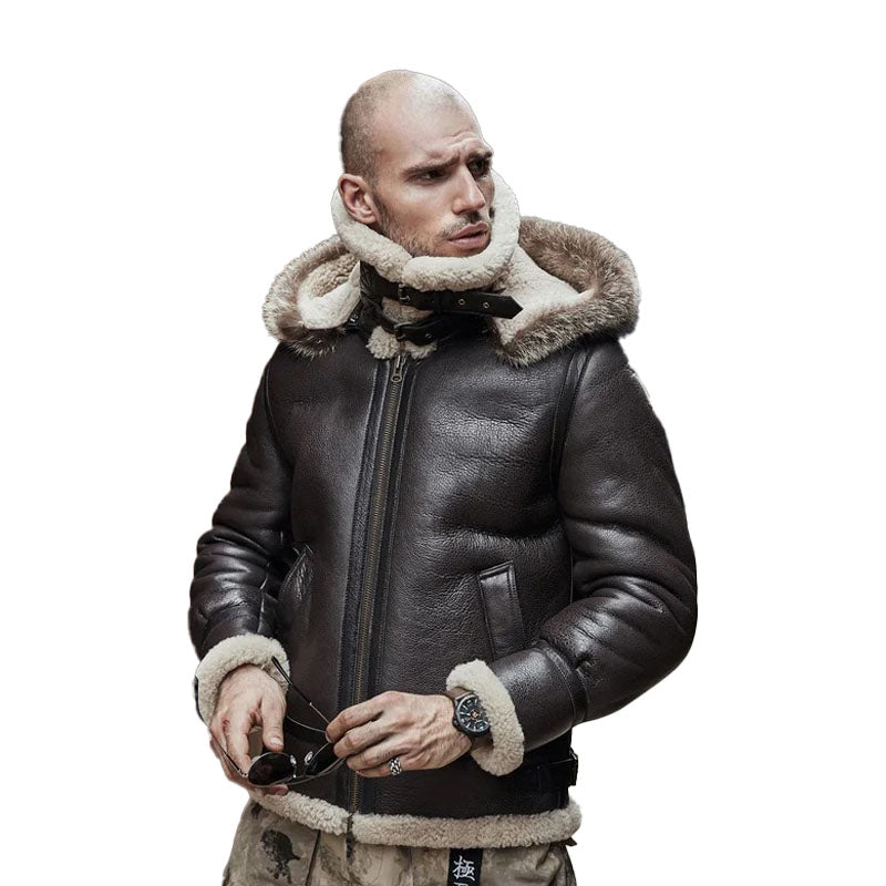 Mens Brown Hooded Sheepskin Shearling Leather Jacket