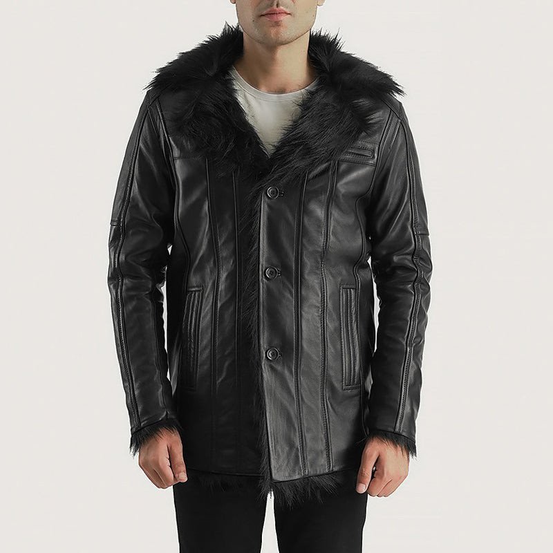 Furcliff Black Leather Coat