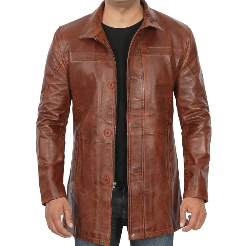 Men’s Vintage Cognac Leather Car Coat