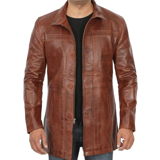 Men’s Vintage Cognac Leather Car Coat