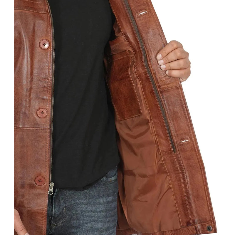 Men’s Vintage Cognac Leather Car Coat