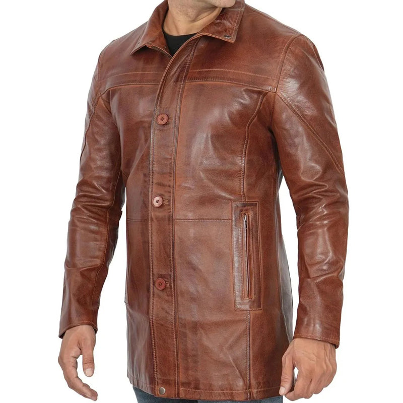 Men’s Vintage Cognac Leather Car Coat