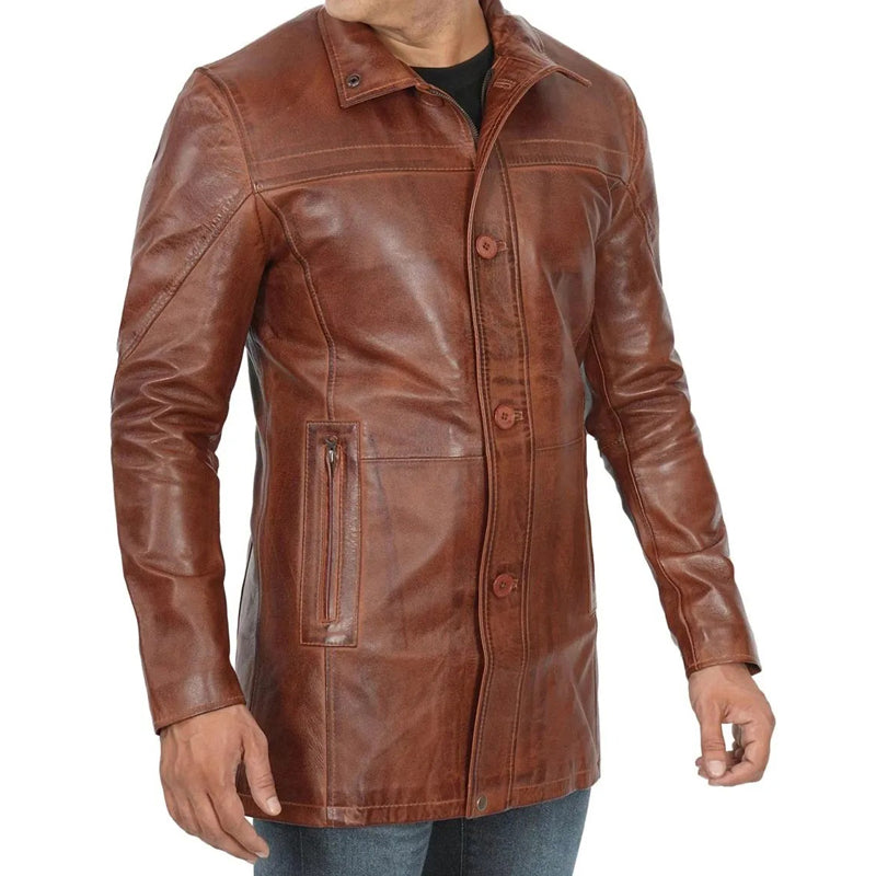 Men’s Vintage Cognac Leather Car Coat