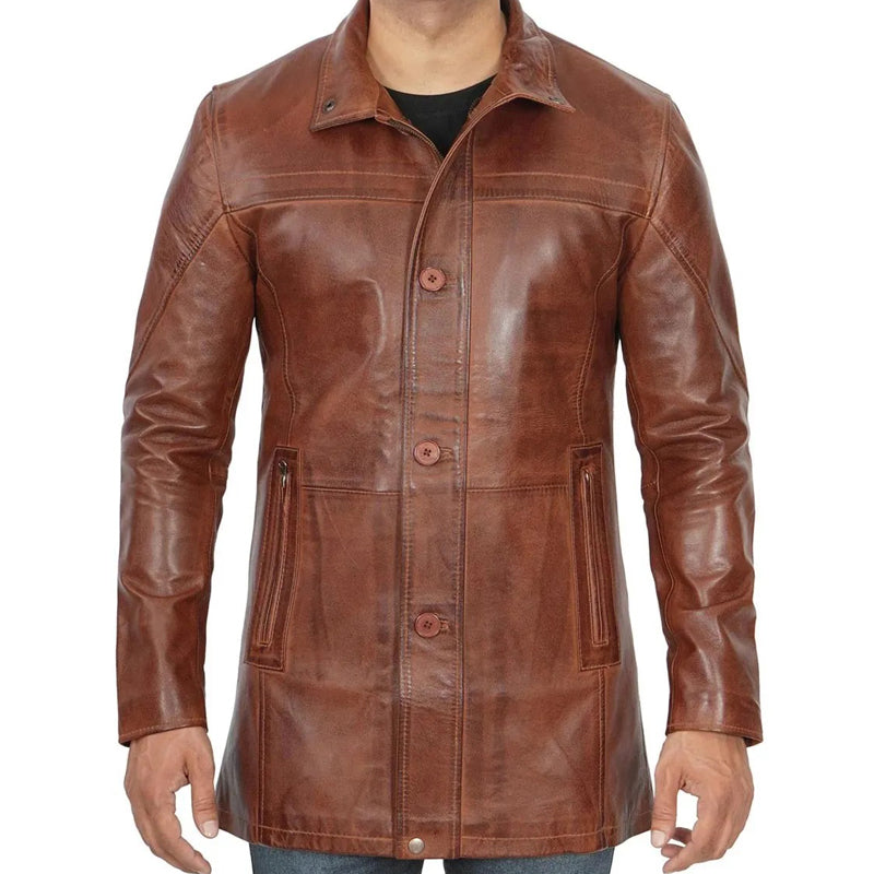 Men's Vintage Cognac Leather Car Coat