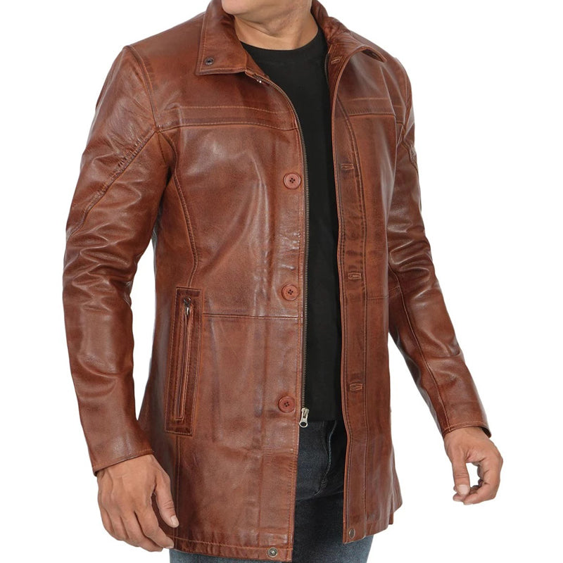 Men’s Vintage Cognac Leather Car Coat