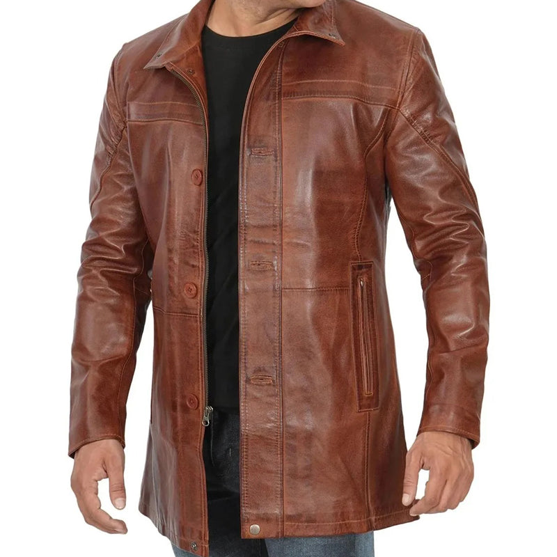 Men’s Vintage Cognac Leather Car Coat
