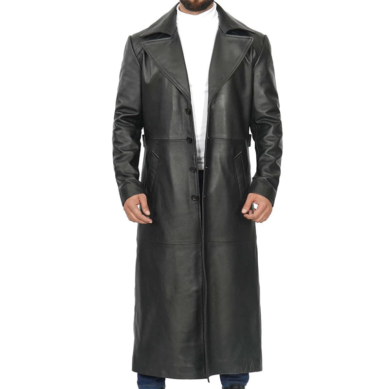 Men’s Black Long Leather Duster Coat
