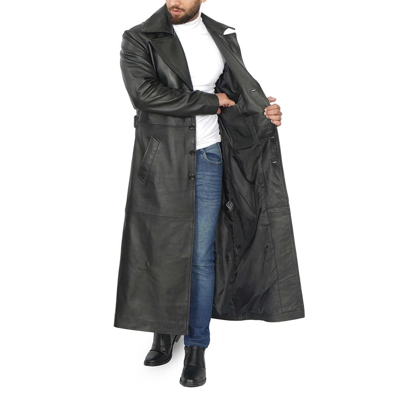 Men’s Black Long Leather Duster Coat