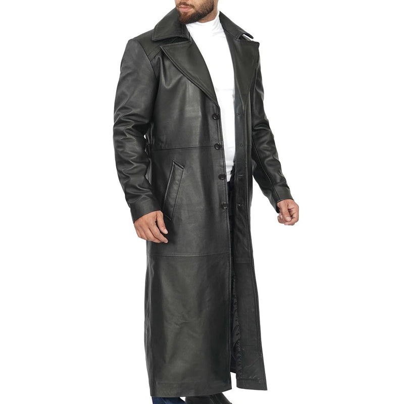 Men’s Black Long Leather Duster Coat