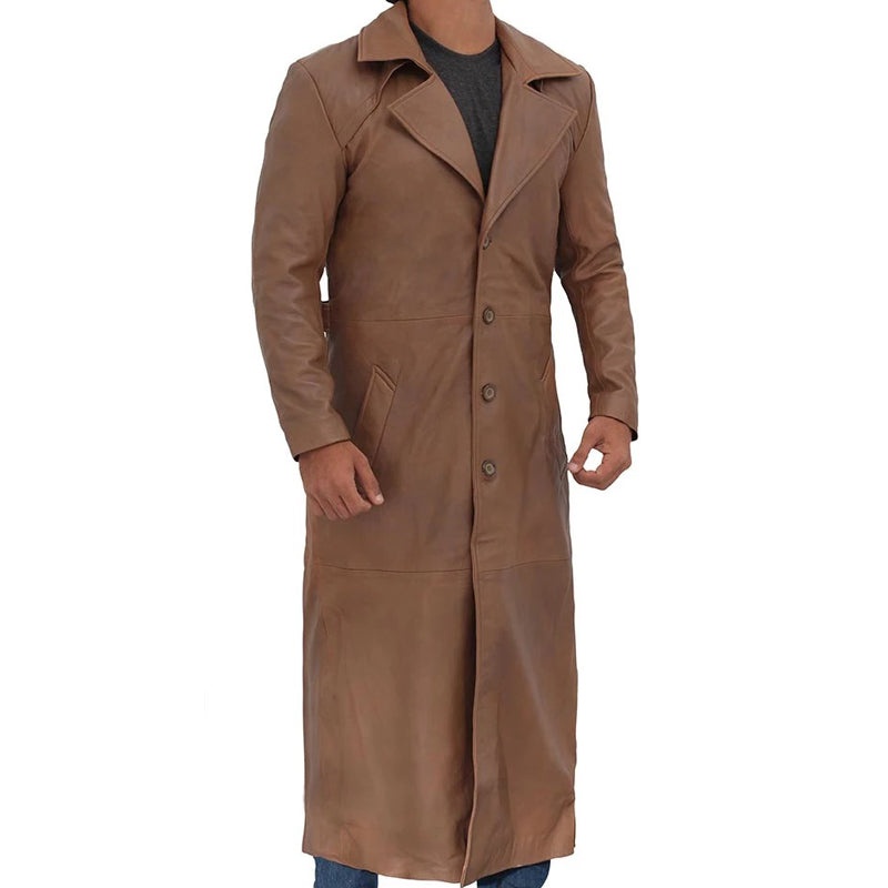 Brown Men Leather Long Duster Coat