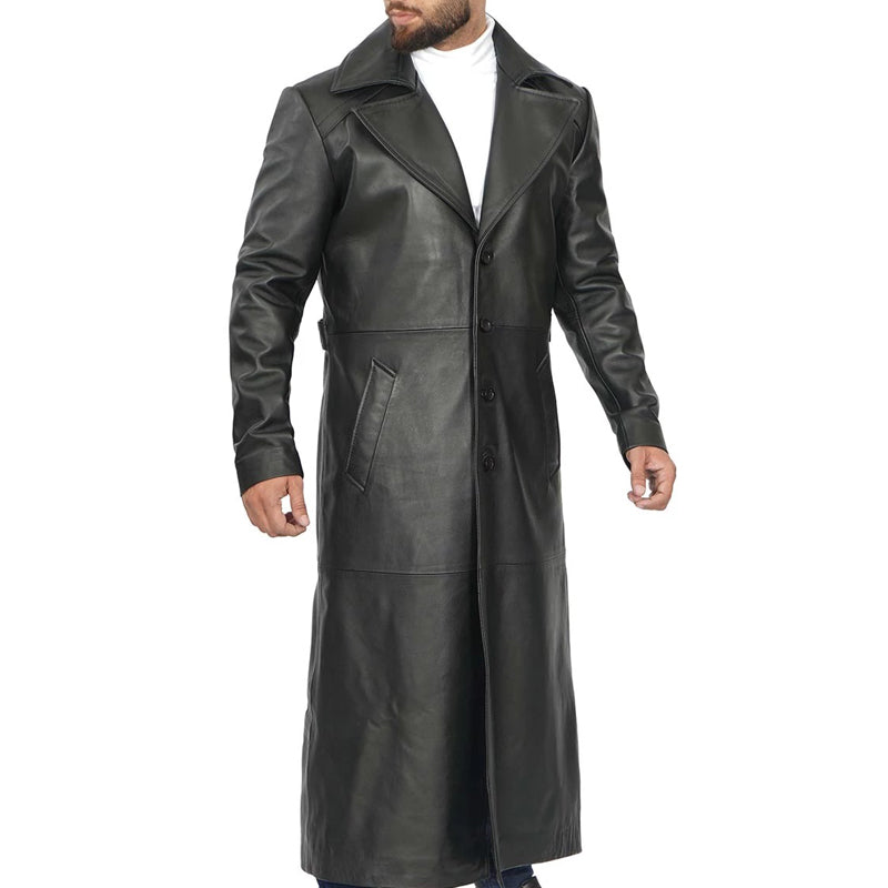 Men’s Black Long Leather Duster Coat