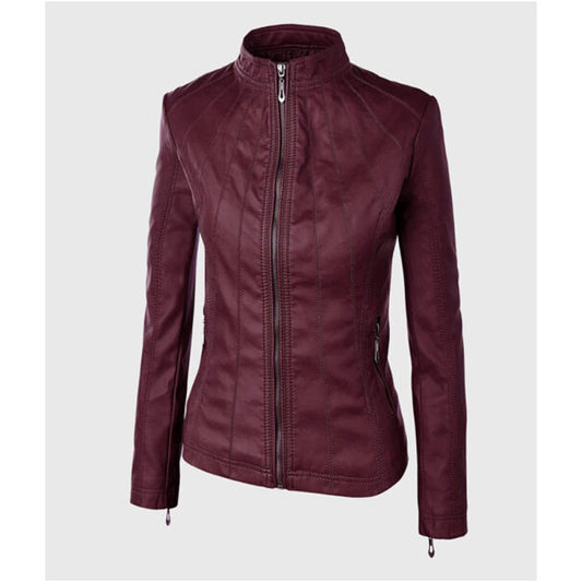 Mia Maroon Moto Biker Leather Jacket