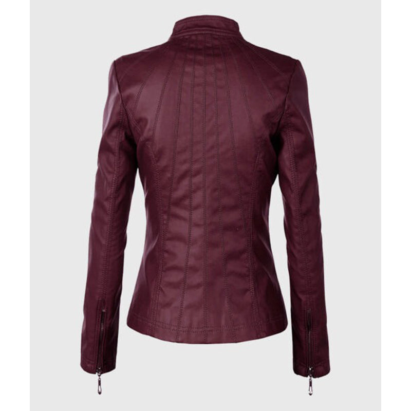 Mia Maroon Moto Biker Leather Jacket