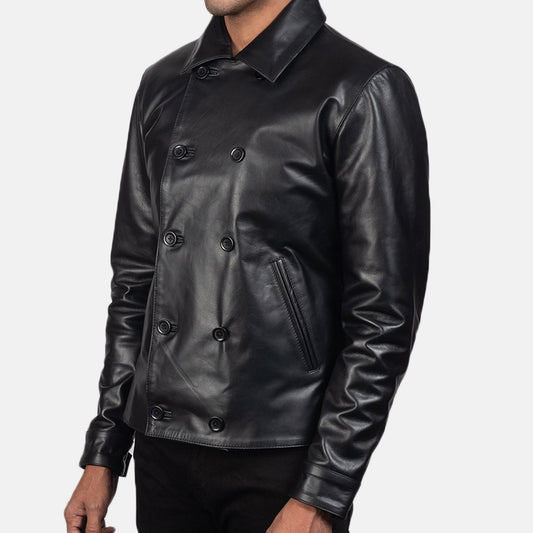 Mod Black Leather Peacoat