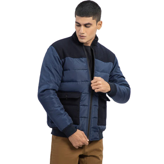 Navy Blue Contrasting Wool Puffer Jacket